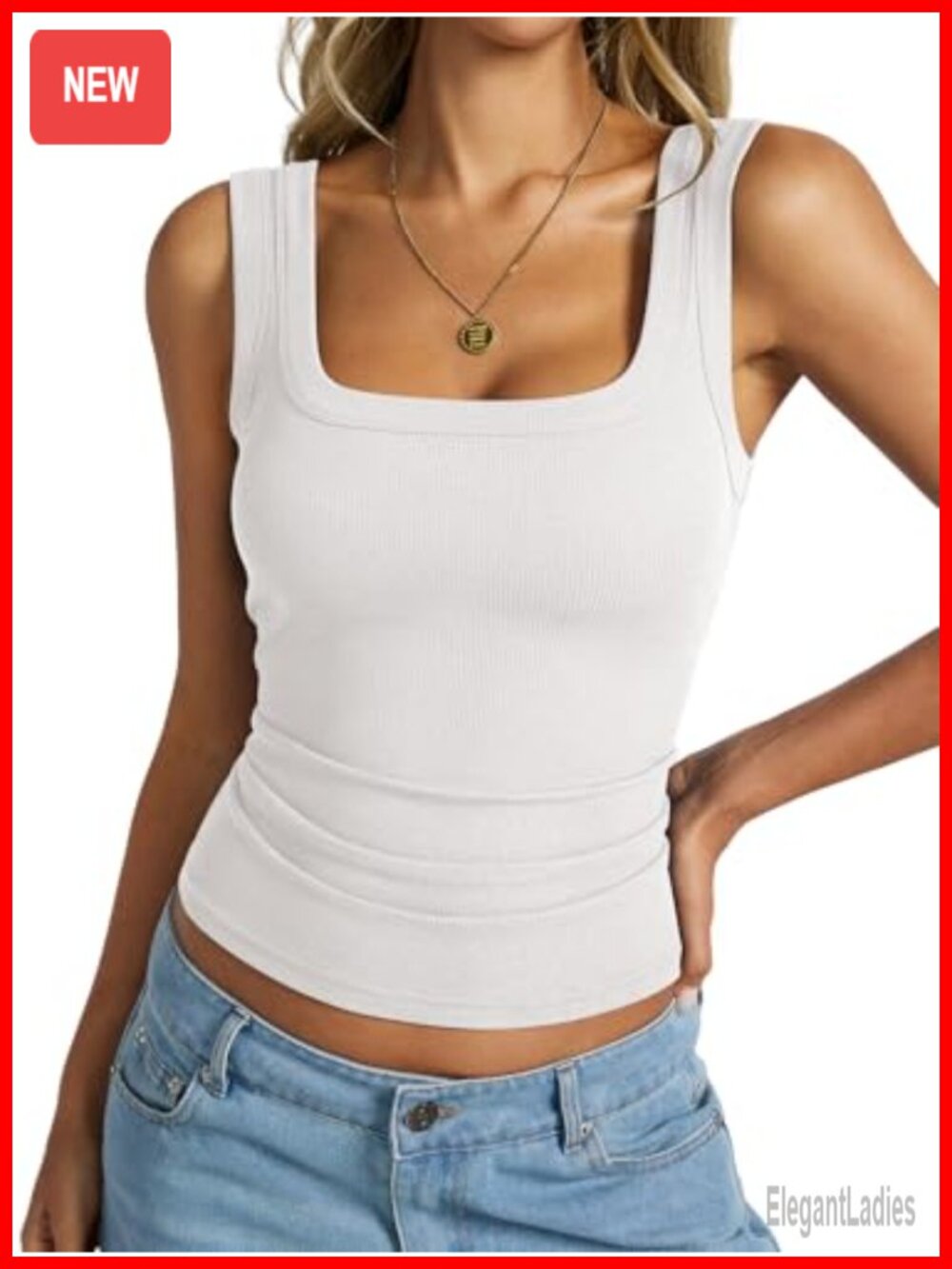 Cotton Ribbed Square Neck Tank Top Backless Sleeveless Slimming Summer Basic